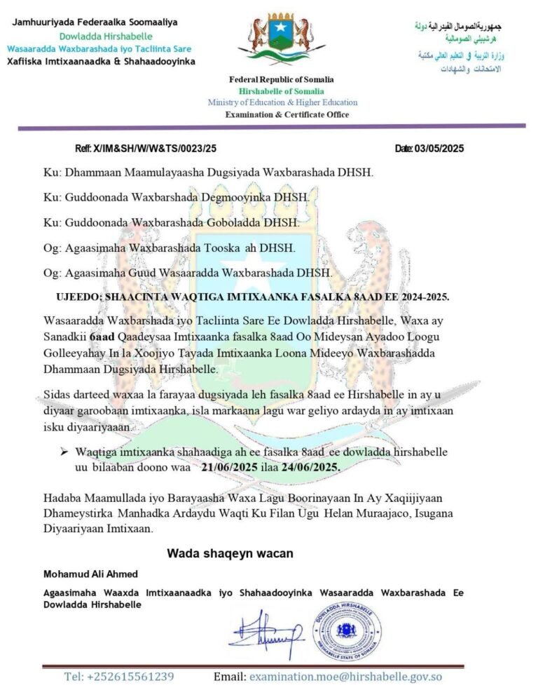 Wasaaradda Waxbarashada Hirshabelle oo shaacisay xiliga la qaadayo imtixaanka fasalka 8-aad.